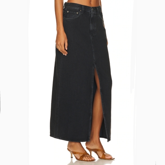 Agolde Leif Maxi Skirt Denim Low Slung 5-Pocket Zip Fly Front Slit Black 28 NWT - Picture 1 of 15